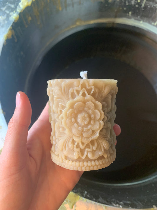 40% OFF SECONDS Carved Flower Mandala - 100% Beeswax Candle