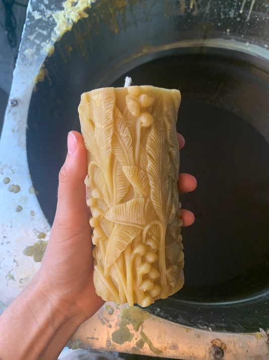 40% OFF SECONDS Lily of the Valley- Carved Botanical - 100% Beeswax Candle