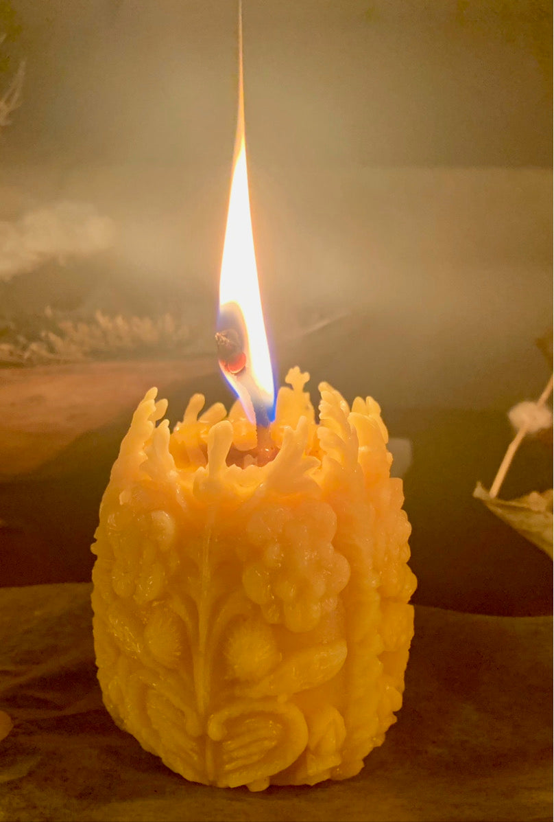 Botanical Carved Egg Candle - 100% Beeswax