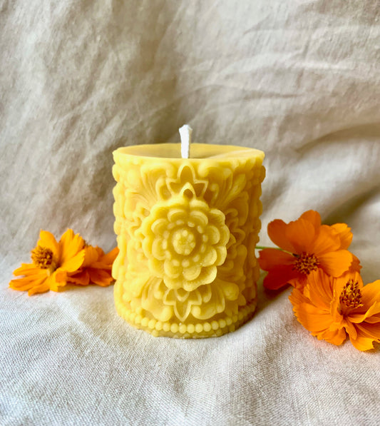 Carved Flower Mandala - 100% Beeswax Candle